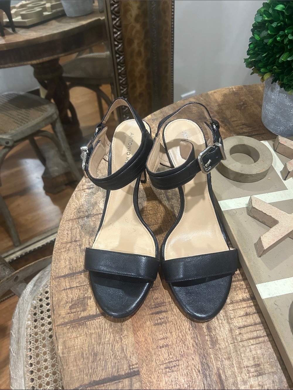 ANTONIO MELANI Black Leather Ankle-Strap Heels
